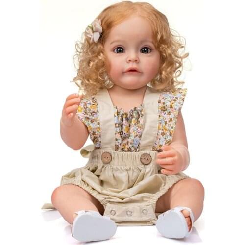 HUYU 55CM Soft Toy Realistic Baby Girl Doll with Curly Blonde Hair Lifelike Education Reborns Caucasian Dolls Kids Party Gift