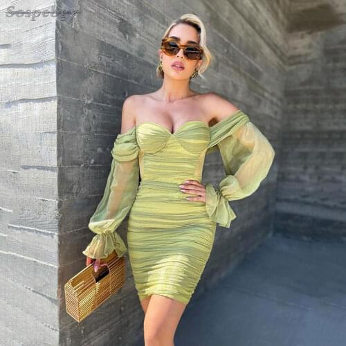 Summer Womens Mini Long-sleeved Dress 2021 New Matcha Green Mesh Folds Sexy Elegant Hollow Perspective Party Cocktail Dresses