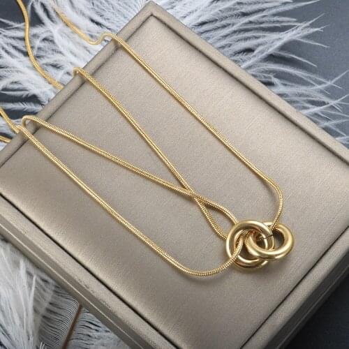 ZMFashion Fashion Double Ring Round Wire Pendant Necklace Women Men Charm Stainless Steel Snake Chain Romantic Couple Jewelry