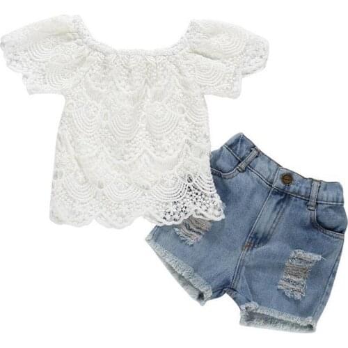 Fashion 1-5Y Toddler Child Baby Girl Summer Off Shoulder Tops Shirt Denim Shorts Set Set Clothes 2 Pieces of Childrens Clothing