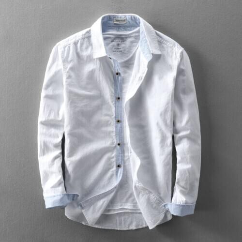 Spring Summer White Mens 100% Cotton Shirt Long Sleeve Casual Shirts for Men Vintage Clothes Chemise Homme KJ5777