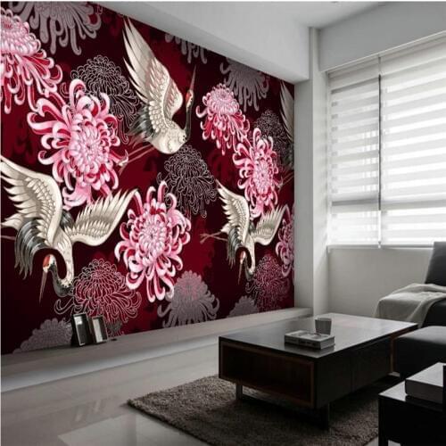 Chinese Style HD Hand-painted Pink Chrysanthemum White Cranes Wall Painting Custom Living Room Bedroom Wall Mural Wallpaper 3D
