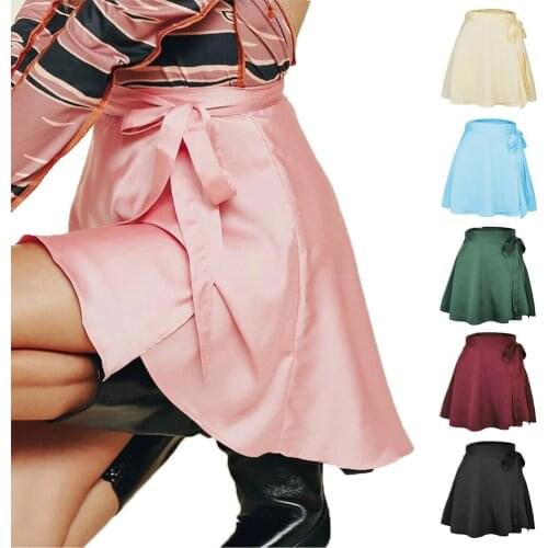 Polka Dots Solid Sexy Mini Skirt Female Pleated Big Swing Ruffles Fashion Jupe Bow Bandage Chiffon Satin Party Lace-up Skirts