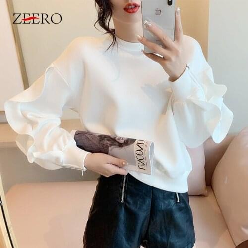 Autumn Winter Women Clothes Solid Color O-Neck Collar Long Sleeve Sports Tops Female Loose Zipper Ruffle All-match Base Pullover
