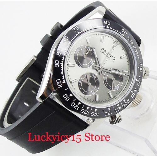 PARNIS High Quality 39mm Quartz Mens Wristwatch Sapphire Crystal Rubber Strap Chronograph Function