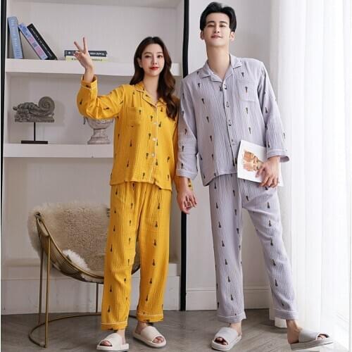 Couple Pajamas for Men Women Sleepwear Sets Double-layer Cotton Surface Is Wrinkled and Textured Gauze Cute Long-sleeved Home