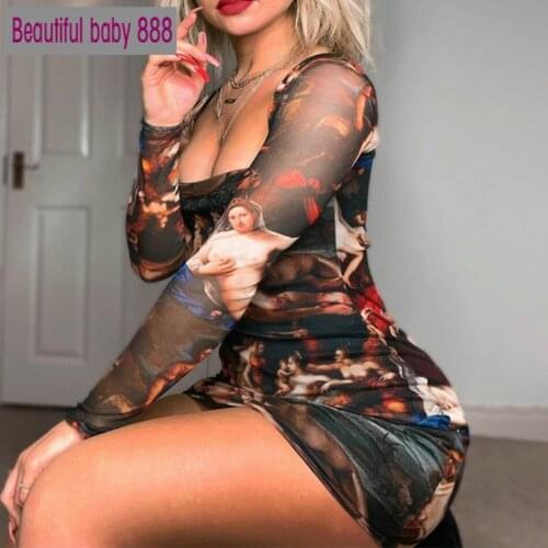 New Long Sleeve Sexy Dress Women Winter printing Square collar Wrap Dress Chest Self Cultivation Package Buttocks Party Vestidos