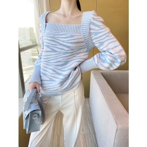 Square collar lantern sleeves striped pullover knitting pullover loose knits autumn and winter outfits C153