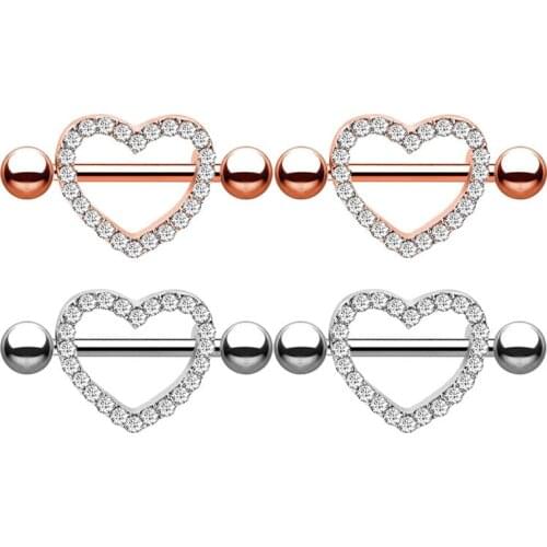 Heart Nipple Bars Crystal Gem Rings Nipple Body Piercing Jewelry Rose Gold Sexy Surgical Steel Straight 14G Wholesale