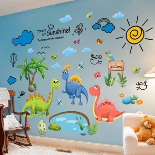 [SHIJUEHEZI] Dinosaurs Animals Wall Sticker DIY Clouds Birds Tree Wall Decals for Kids Room Baby Bedroom Home Decoration