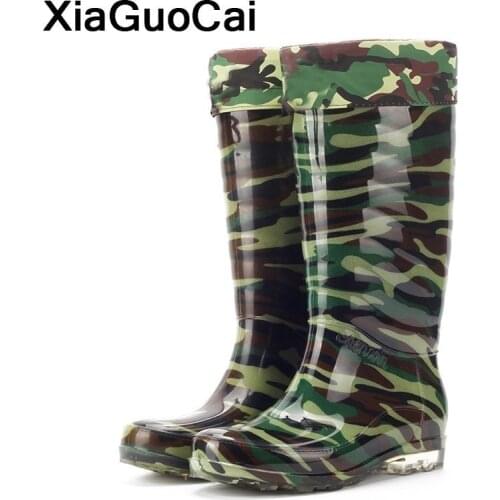 Waterproof Man Rainboots Camouflage Autumn Winter Warm Knee-High Male Boots PVC High Top Wading Shoes Velvet Outdoor Antiskid