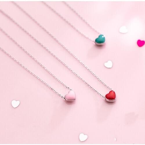 Unique New Cute Silver Chain Red Pink Green Enamel Hearts Pendant Necklace for Women Girls Statement Jewelry Collar Best Gifts