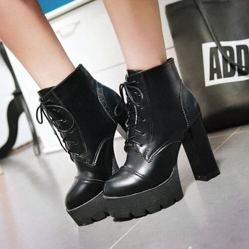 Women Platform Boots Fashion Thick High Heel Ankle Boots Pu Leather Lace Up Autumn Winter Woman Shoes 2018 White Black Yellow