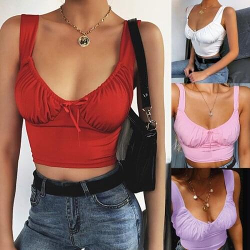 2020 Women Sleeveless Solid Color Crop Top Solid Color Sexy U-Neck Bowknot Ruched Chest Slim Vest Summer Party Clubwear 5 Colors