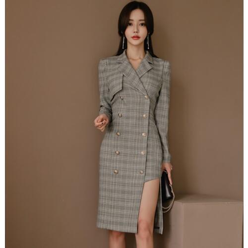 Plus Size Gray Long Sleeve Plaid Button Vintage Office Dress Autumn Asymmetrical High-end Women Dress Business Suit Wrap Dresses