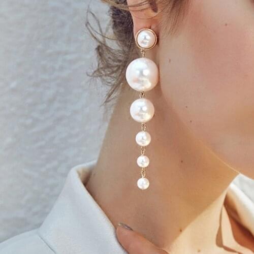 1 Pair Big Pearl Long Earrings Pearls String Statement Drop Dangle Earrings Women Girls Wedding Party Gift Fashion Accessories