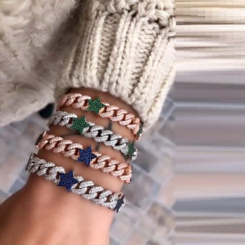 Hip Hop Bling Iced Out 10mm Wide Link Chain Bracelet Full Colorful Heart Cz Pave With Charm Miami Cuban Chain Bracelet for women