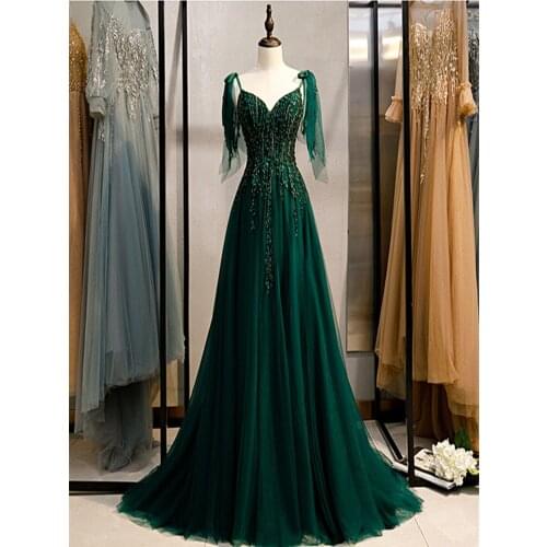 Green Evening Dress Abendkleider Sexy V-neck A-line Formal Dress With Beading Evening Dresses Long Dress 2020 Robe De Soiree
