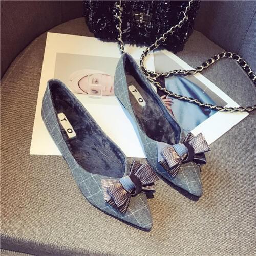 Bowknot Sweet espadrilles women pointed toe roll-up flats plush designer plaid shoes winter shallow casual slip on creepers cozy