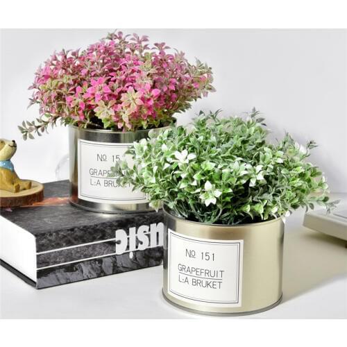 Artificial Lover Grass Flowers + Iron Vase Simulation Fake Plants Mini Bonsai Set for Wedding Home Garden Farmhouse Decoration