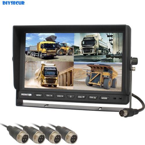 DIYSECUR 4CH 4PIN DC12V-24V 10Inch 4 Split Quad LCD Screen Display Rear View Car Monitor for Car Truck Bus Reversing Camera