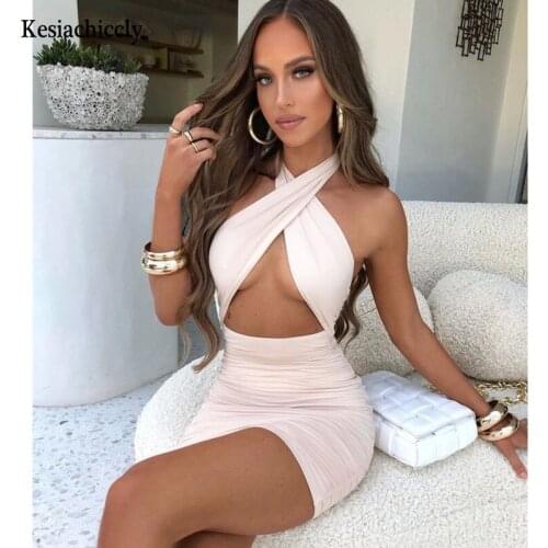 Kesiachiccly Women Sexy Bodycon Party Dresses Backless Halter Night Clubwear Tank Club Double Layer Hollow Out Sexy Mini Dress