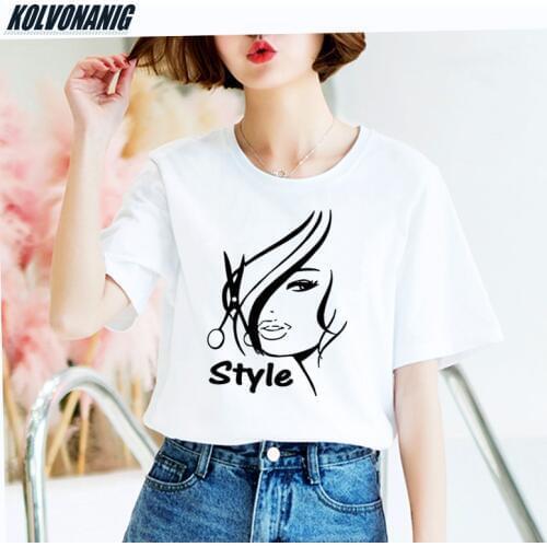 KOLVONANIG Summer Funny Women Haircut Style Print T-Shirt Girls Casual Loose Short Sleeve Cotton T Shirt Cool Top Tees Plus Size