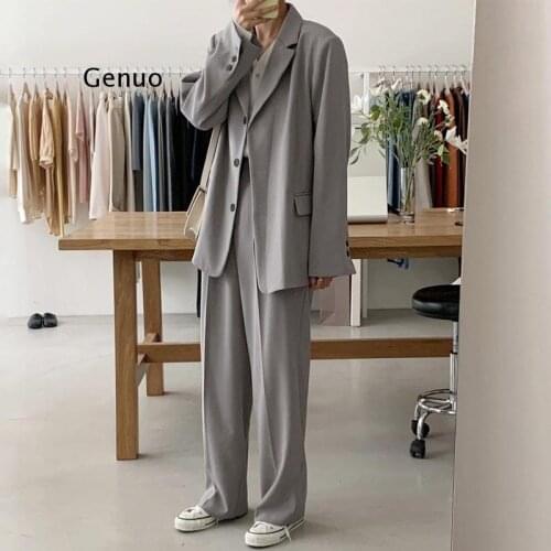 Elegant Ladies Blazer Set Single-breasted Suit Jacket & High Waist Loose Pants Casual Women Pant Suits Winter