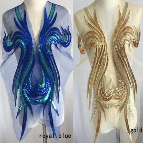 Nice mesh sequin gold blue embroidery lace fabric ribbon trim collar applique sewing DIY wedding dress cloth craft Accessories