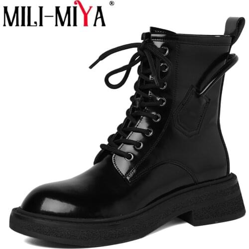 MILI-MIYA 2021 Spring Autumn Motorcycle Ankle Boots Women Round Toe Lace Up Fashion Platform Low Heels Wild Casual Shoes Black