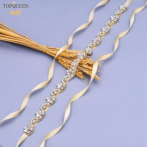 TOPQUEEN S421-G Beading Wedding Belt Bridal Party Sashes Fancy Belt for Girls Women Gold Bridal Belt Floral Sash Bridesmaid