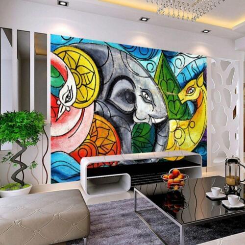 Dropship Colomac Modern Wallpaper Abstract Geometric Zoo Elephant Giraffe Wall Paper for Kids Room 3d Wallpaper Papel Mural