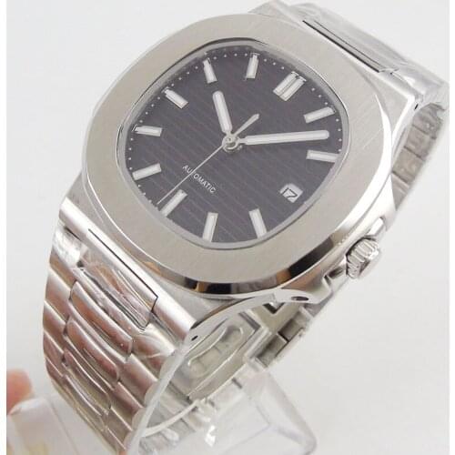 Luxury Mechanical Mens Watch 40mm Square Watch Case Auto Date Sapphire Glass Mental Strap Gray Sterile Dial MIYOTA 8215