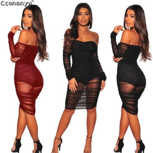 2019 Spring Mesh Perspective Off Shoulder Bodycon Dress Strapless Dress Women Fashion Night Club Sexy Party Dress