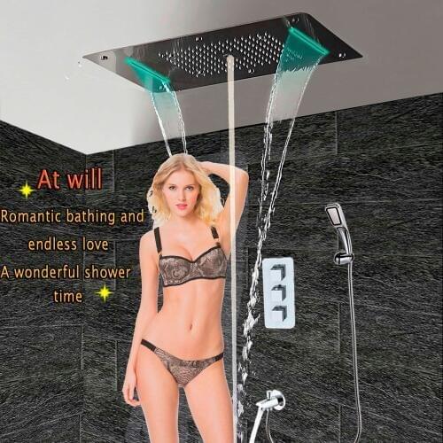 Bath Shower Faucet Concealed Thermostatic Panel Wall Mounted Brass Spout Tap Mixer LED Ceiling Shower Head Rain Waterfall Mist