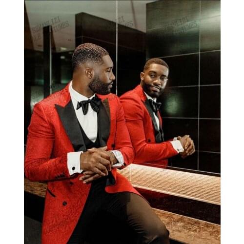 2021 Red Floral Pattern 3 Piece Wedding Tuxedo Peak Lapel Double Breasted Groom Wear Formal Prom Party Men Suit Best Man Blazer
