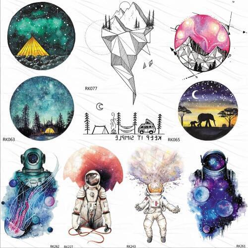 OMMGO Geometric Mountain Camping Temporary Tattoos Sticker Galaxy Star Custom Tattoo Art Arm Night Fake Tatoos Flash Waterproof