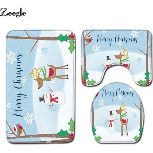 Zeegle Christmas 3pcs Bath Mat Set Absorbent Toilet Pedestal Rug Foot Mat Anti Slip Bathroom Shower Mat Washable Soft Toilet Set
