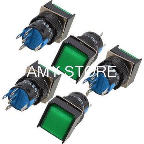 Green Square Cap 1NO 1NC AC 250V 5A Momentary Push Button Switch 16mm Mounting Hole