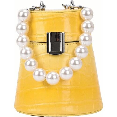 Gradient Color Ladies Mini Bucket Shape Handbag Stone Pattern Women Purses Pearl Wrist Band Party Clutch Chain Shoulder Bag 2021