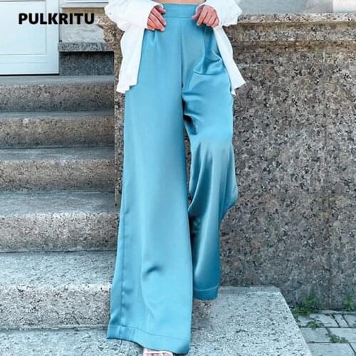 Pulkritu Women Satin Straight High Waist Pants Elegant Chic Streetwear Classic Trousers