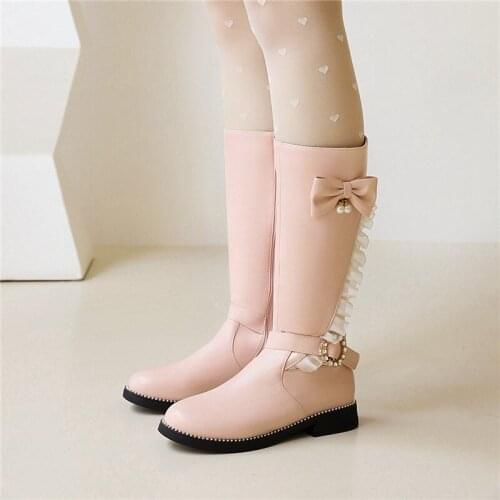 YQBTDL Lolita Style Mid-calf Boots Womens Circle Crystal Butterfly-knot Pearl Sweet Long Bootie Autumn 2021 Party Princess Shoes