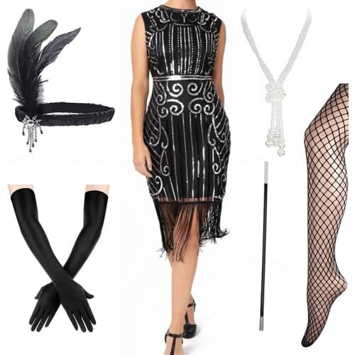 Womens Flapper Dresses 1920s Beaded Fringed Great Gatsby Dress w/Accessories Set xs-xxl