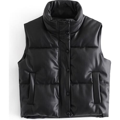 2021 Women Winter Fashion Black PU Faux Leather Cropped Padded Waistcoat Vintage Sleeveless Zip-up Female Outerwear Chic Tops