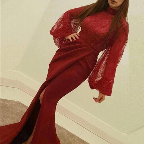 Sexy Burgundy High Neck Illusion Sleeves Mermaid Long Evening Dresses Lace Body High Slit Sweep Train Vestido Women Prom Dresses