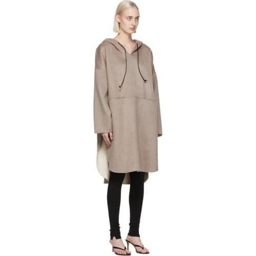 Totem* Wool Cashmere coat V-neck drawstring hoodie glengarry women long coat