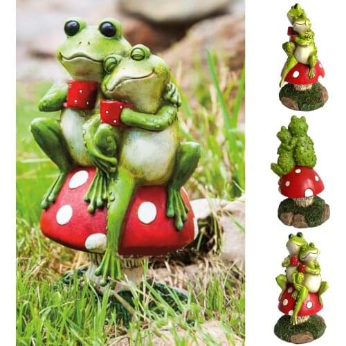 2 Green Frog Sitting On Mushroom Statue Creative Garden Resin Sculpture Frog Figurine Yard Outdoor Decor Décoration De Jardin