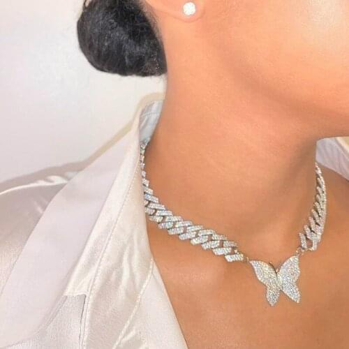 New 5A Zircon Paved Miami Cuban Link Butterfly Necklace 12mm Cuba Chain Bling Jewelry AAAA Charm Hip Hop Chain FOR WOMEN