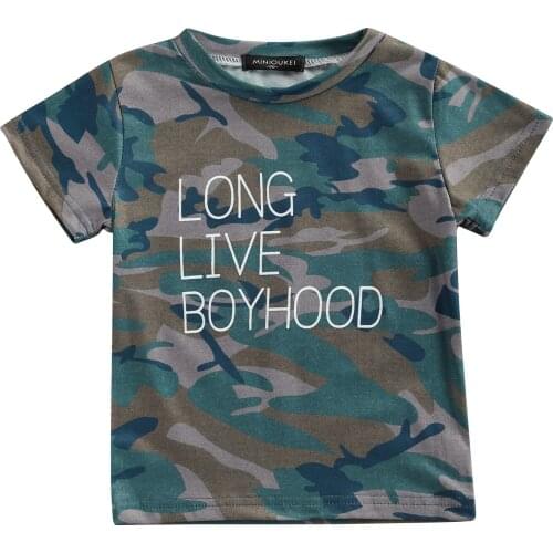 Breathable Summer Little Boys T-shirt, Creative Camouflage Letter Printing Short Sleeve Round Collar Top Children Casual Clothes