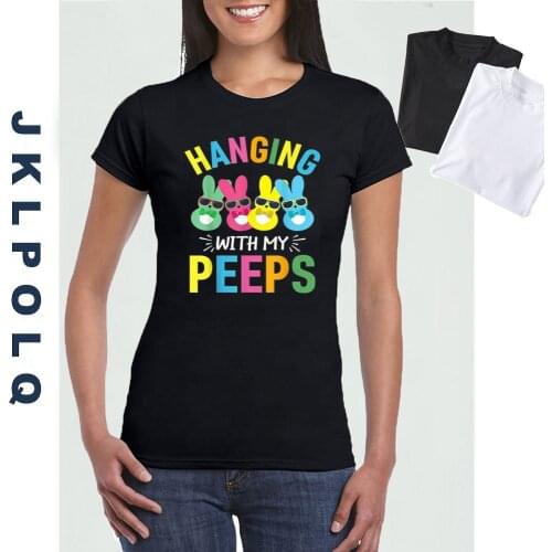 JKLPOLQ EU Size XS-3XL Hangin With My Peeps Funny Womens Black T-Shirt Easter Bunny Cartoon Tee 100% Cotton Tops
